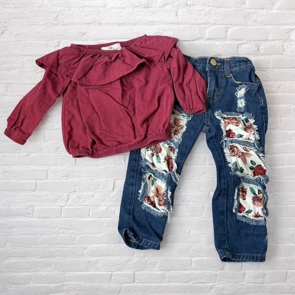Marie Nicole // Floral Burgundy Set Long Sleeve Top and Floral Jeans - Picture 1 of 5